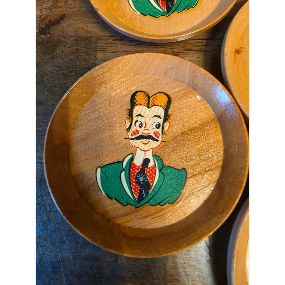 Vintage Reganware Wooden Coaster Set with Lid 8pc Mid Century Japan Kitsch Decor